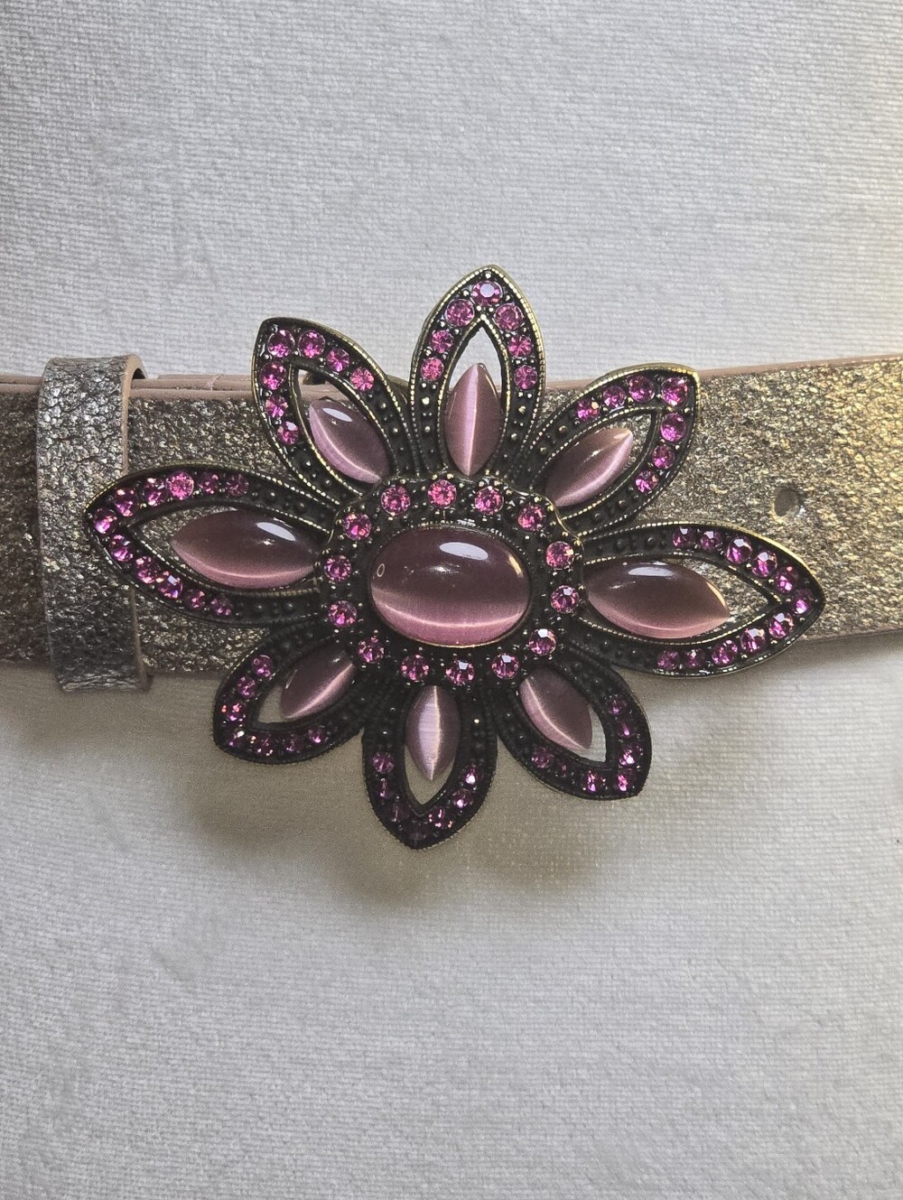 Vintage Leatherock Oversized Pink Rhinestone Flower Metallic Belt S - Picture 4 of 16